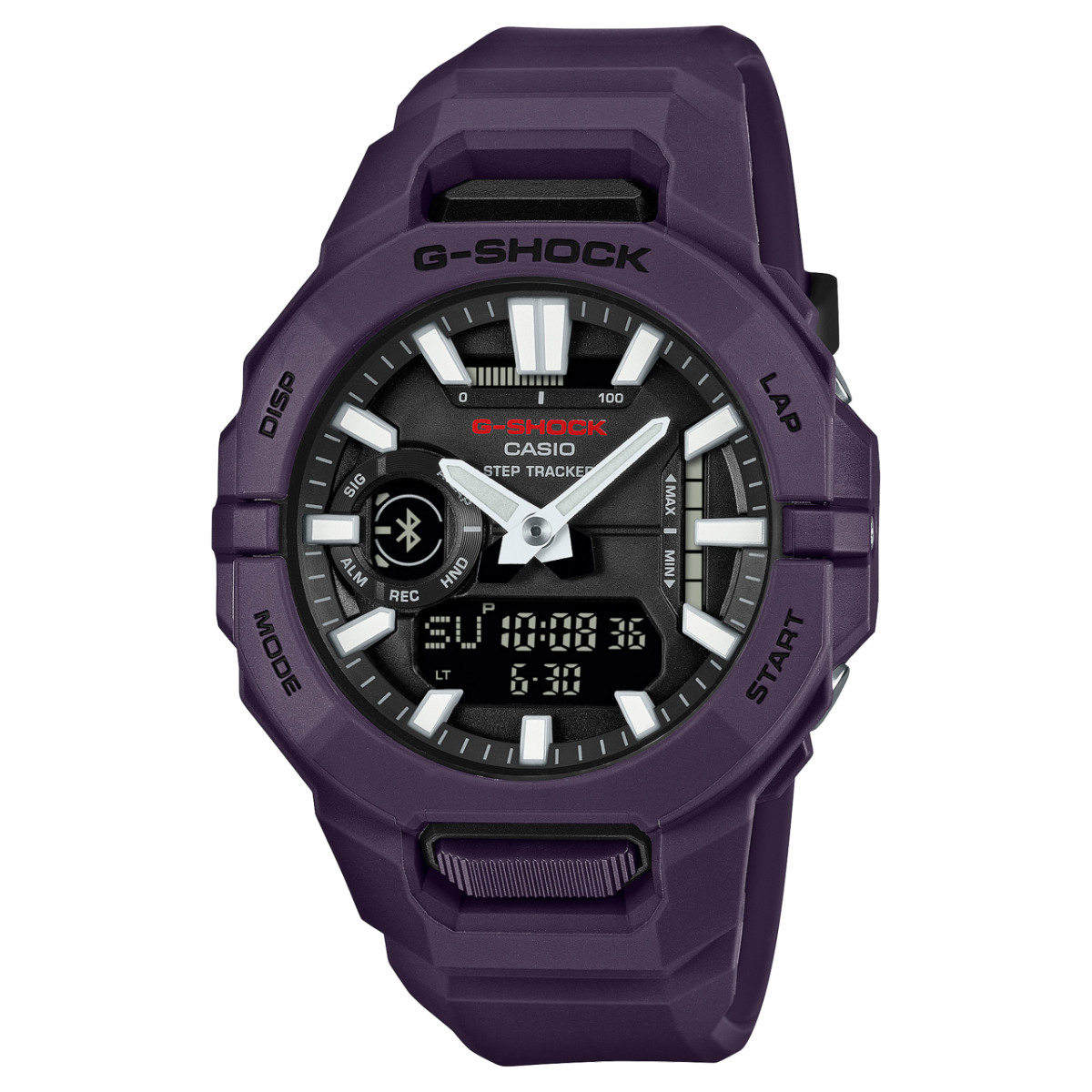 Lila G-Shock Herrenarmbanduhr mit analogen Zeigern und digitaler Anzeige im Zifferblatt
