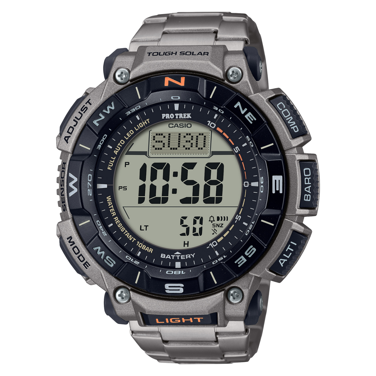 CASIO Pro-Trek Herrenuhr mit digitalem Display, dunklem Zifferblatt und Metallarmband