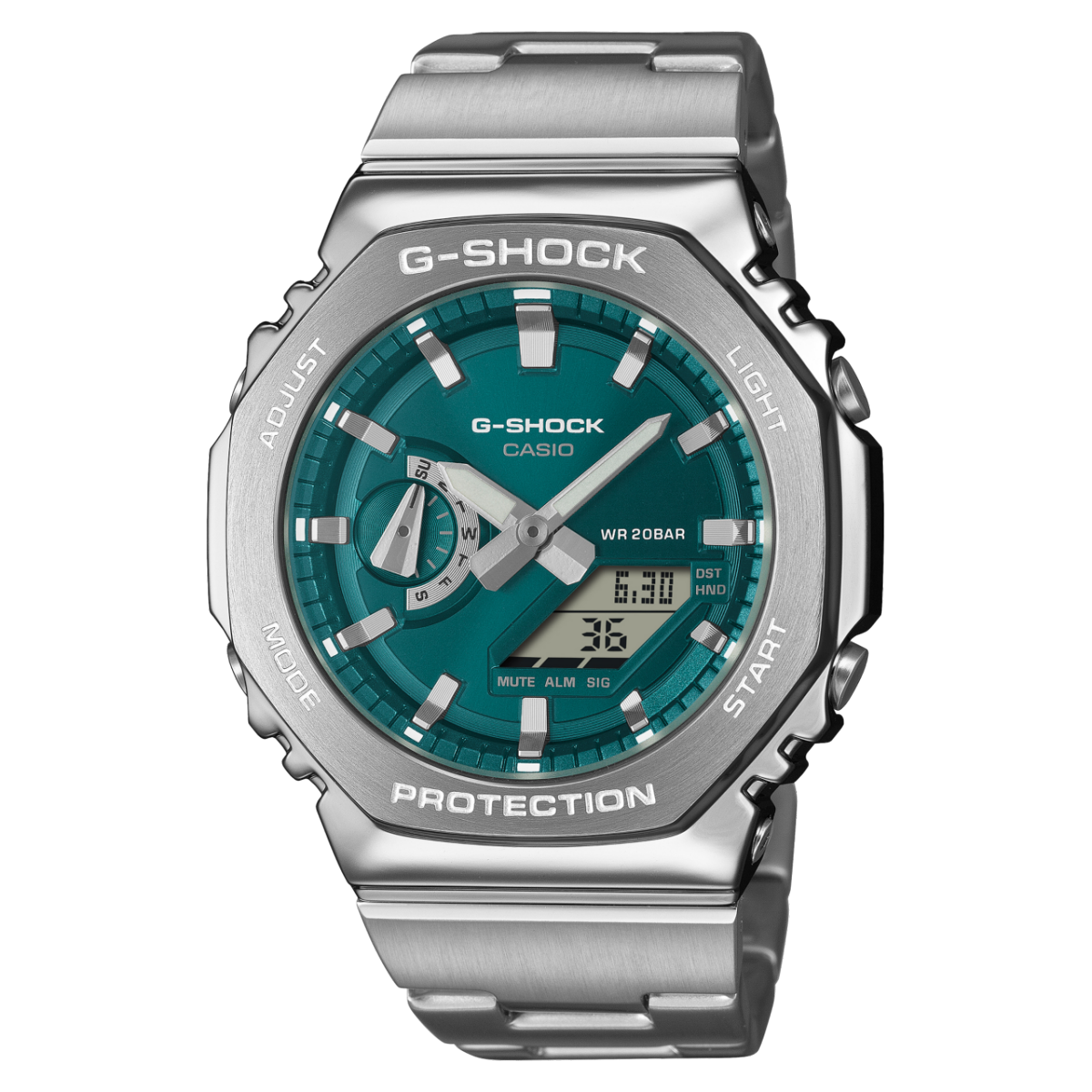 G-Shock Herrenarmbanduhr mit Metalllünette, Metallarmband und türkisfarbenem Zifferblatt