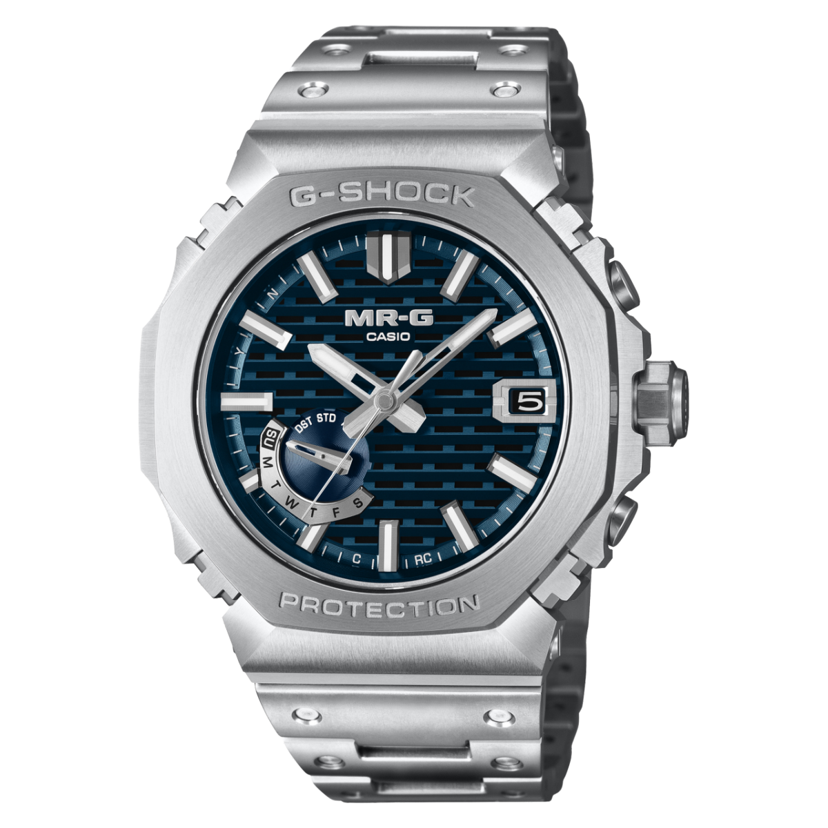 Casio G-SHOCK MR-G Herrenuhr mit Metallarmband und blauem Zifferblatt, analoge Zeiger