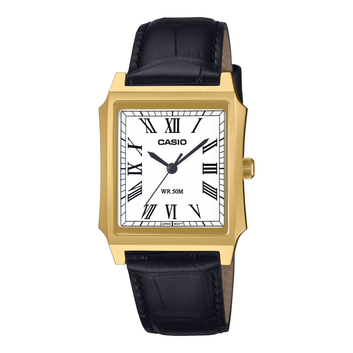 Casio Herrenuhr: goldfarbenes Gehäuse, schwarzes Lederband, weißes Zifferblatt mit Römischzahlen
