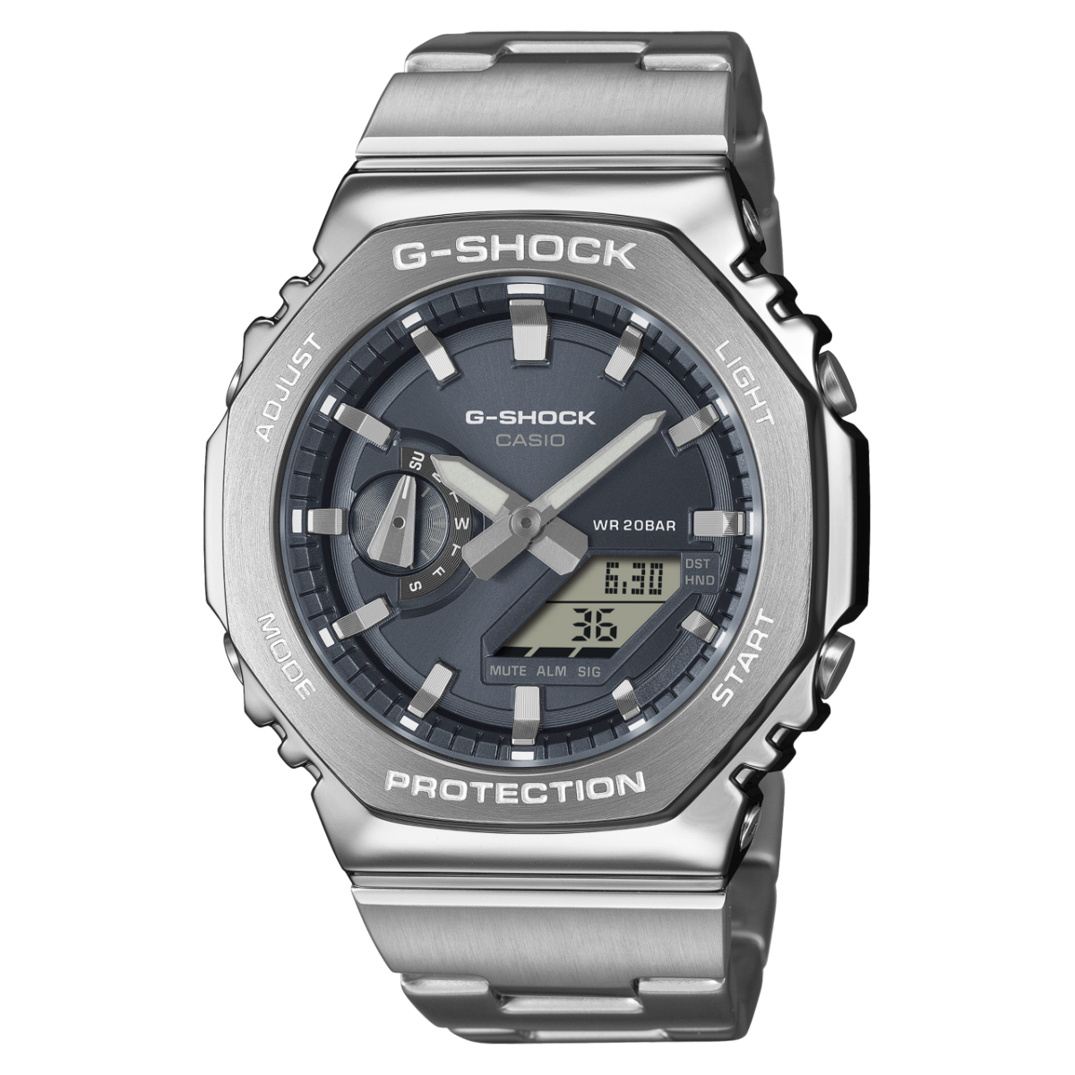Casio G-Shock Herrenuhr mit silberner Edelstahlkette, Analog-Digital, dunkles Ziffernblatt