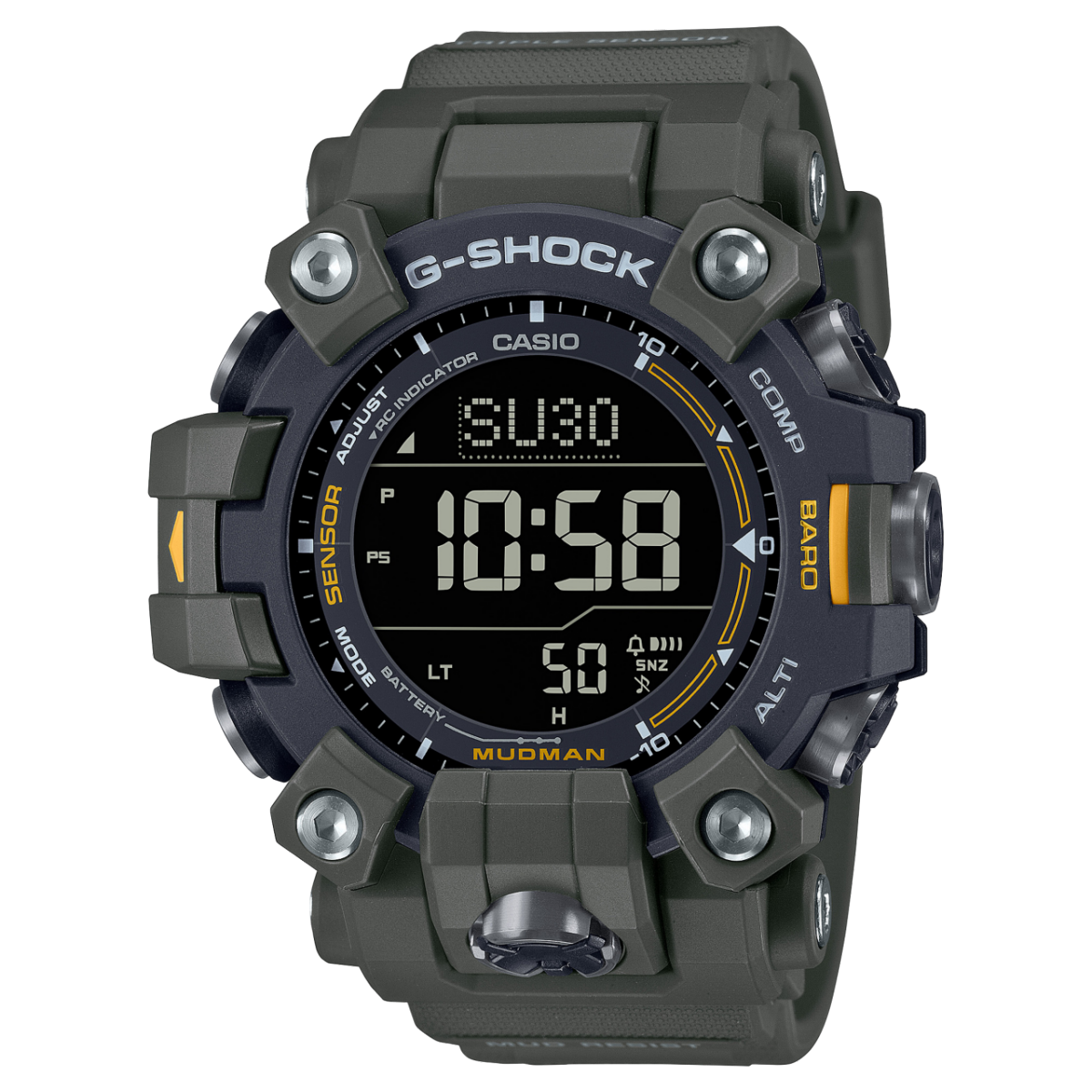 G-SHOCK Mudman Herrenuhr mit grün-schwarzem Gehäuse und Digitalanzeige im Displayfenster