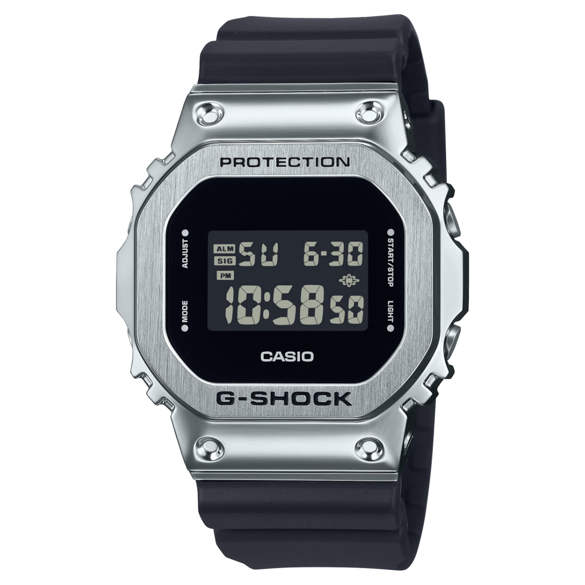 Casio G-Shock Herrenuhr mit schwarzem Resinband, silbernem Gehäuse und invertiertem LCD