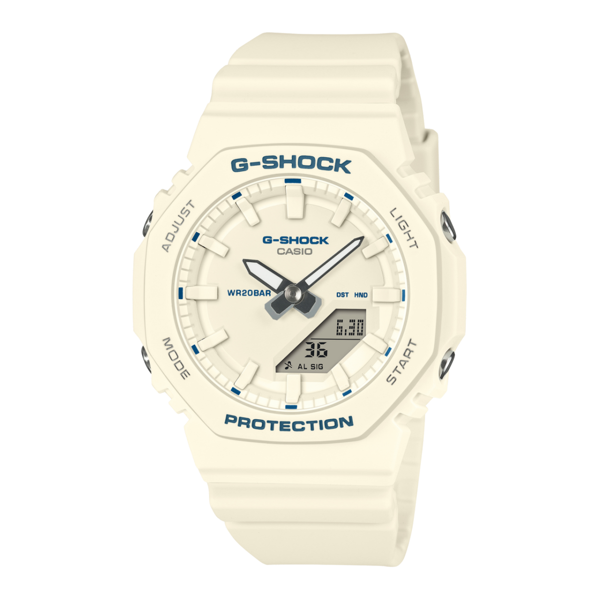 Casio G-Shock Armbanduhr mit weißem Resinarmband und rundem Digital/Analog-Zifferblatt