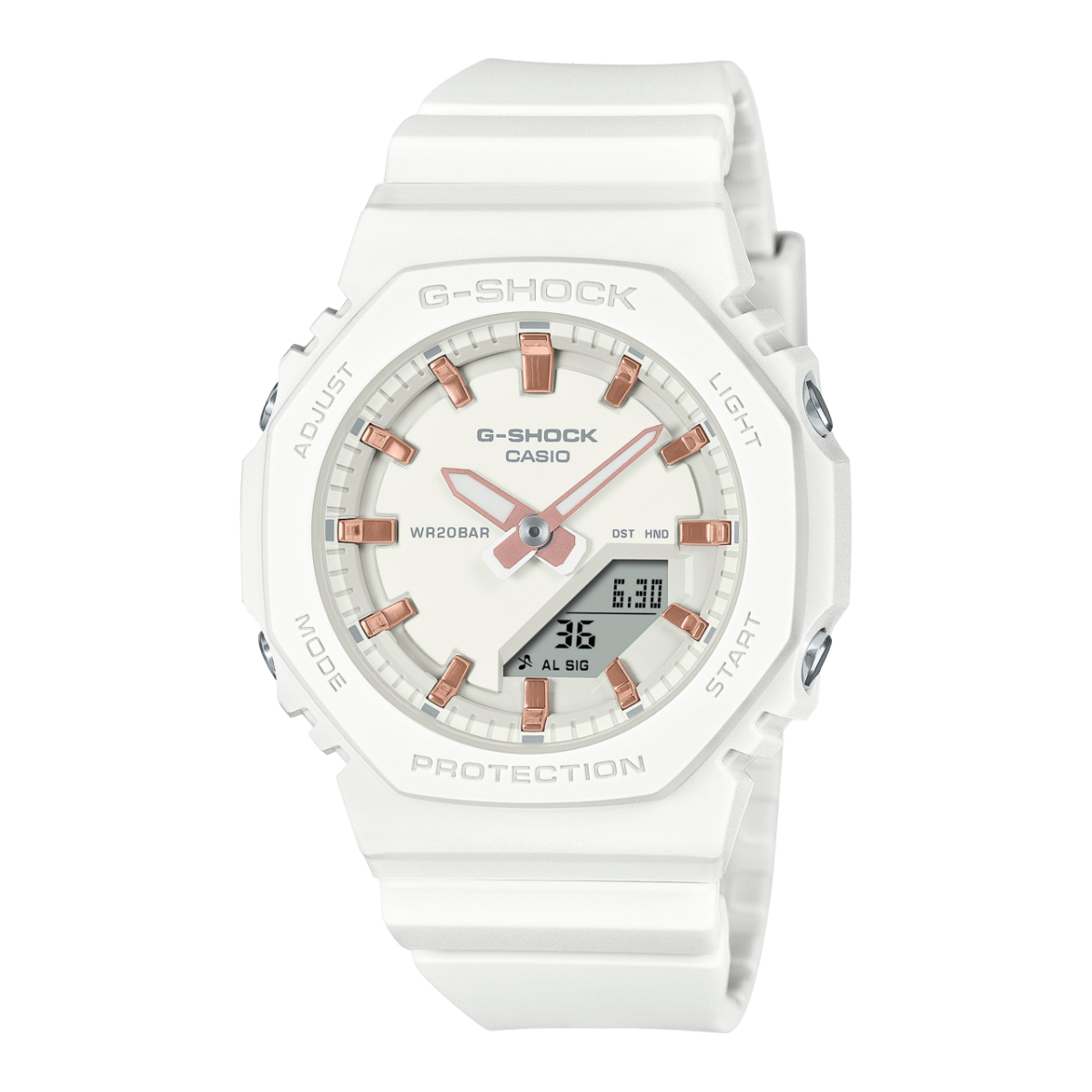 Casio G‑SHOCK Damenarmbanduhr mit weißem Bio-Harzband und rundem Ziffernblatt