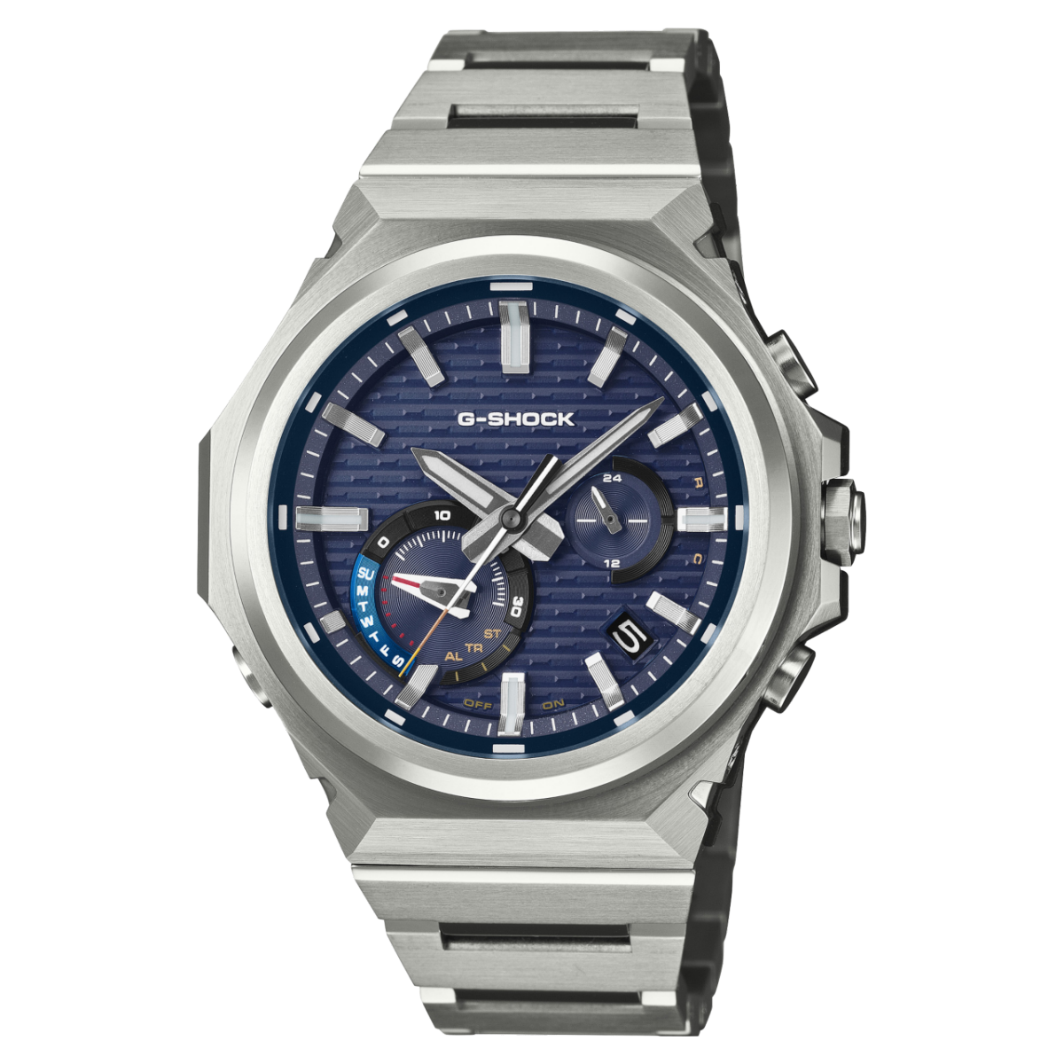 Casio G-Shock Herrenuhr mit blauem Zifferblatt und silbernem Metallarmband, runde Lünette