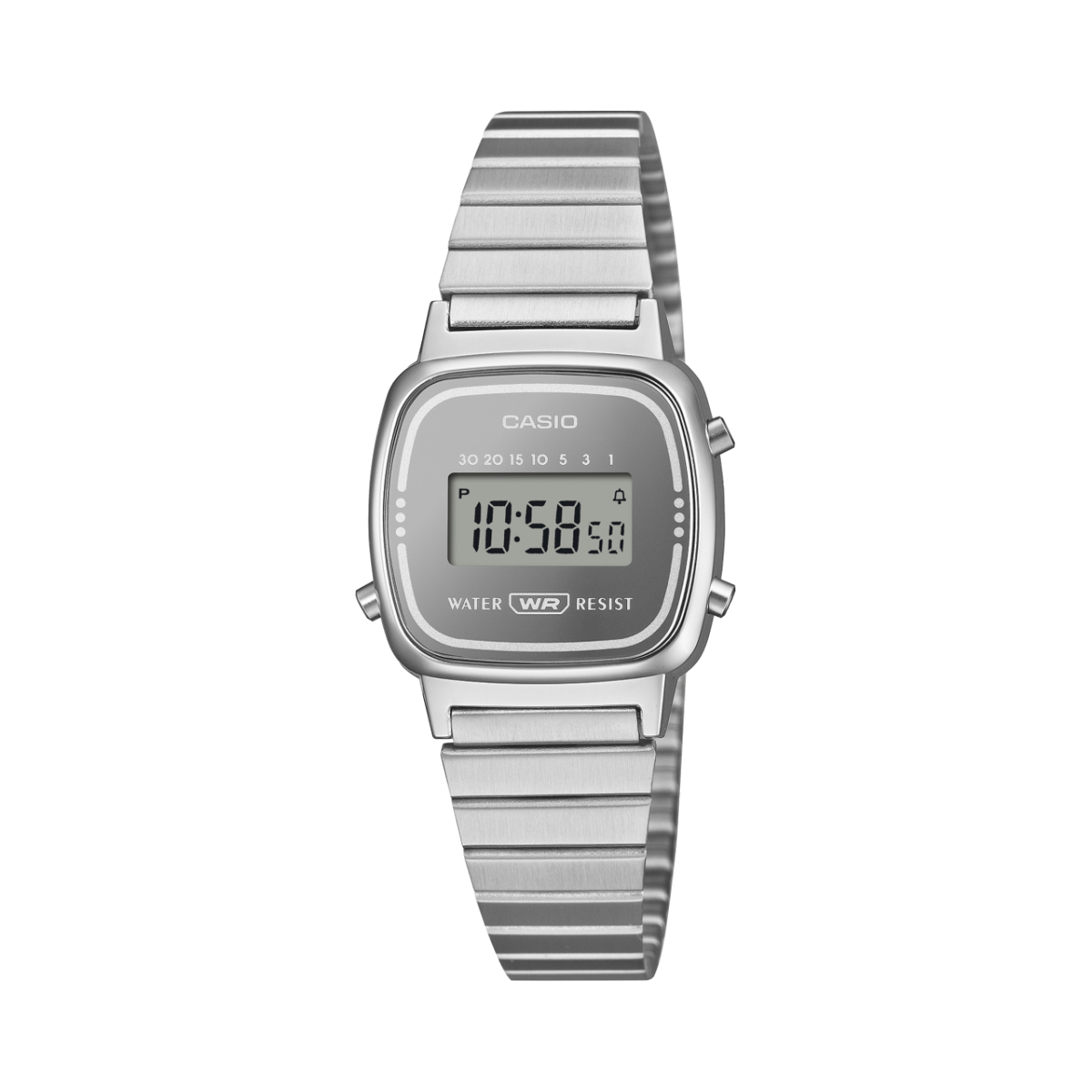 Casio LA670WES-7AEF Damenarmbanduhr mit silbernem Metallband und digitalem Display