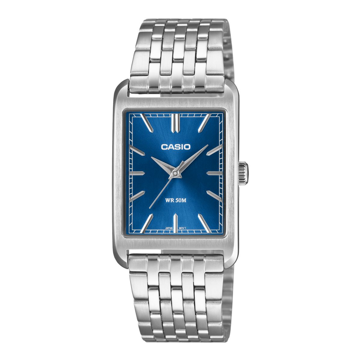 Casio Armbanduhr: blaues Rechteck-Zifferblatt, silbernes Metallband, analog, WR 50M