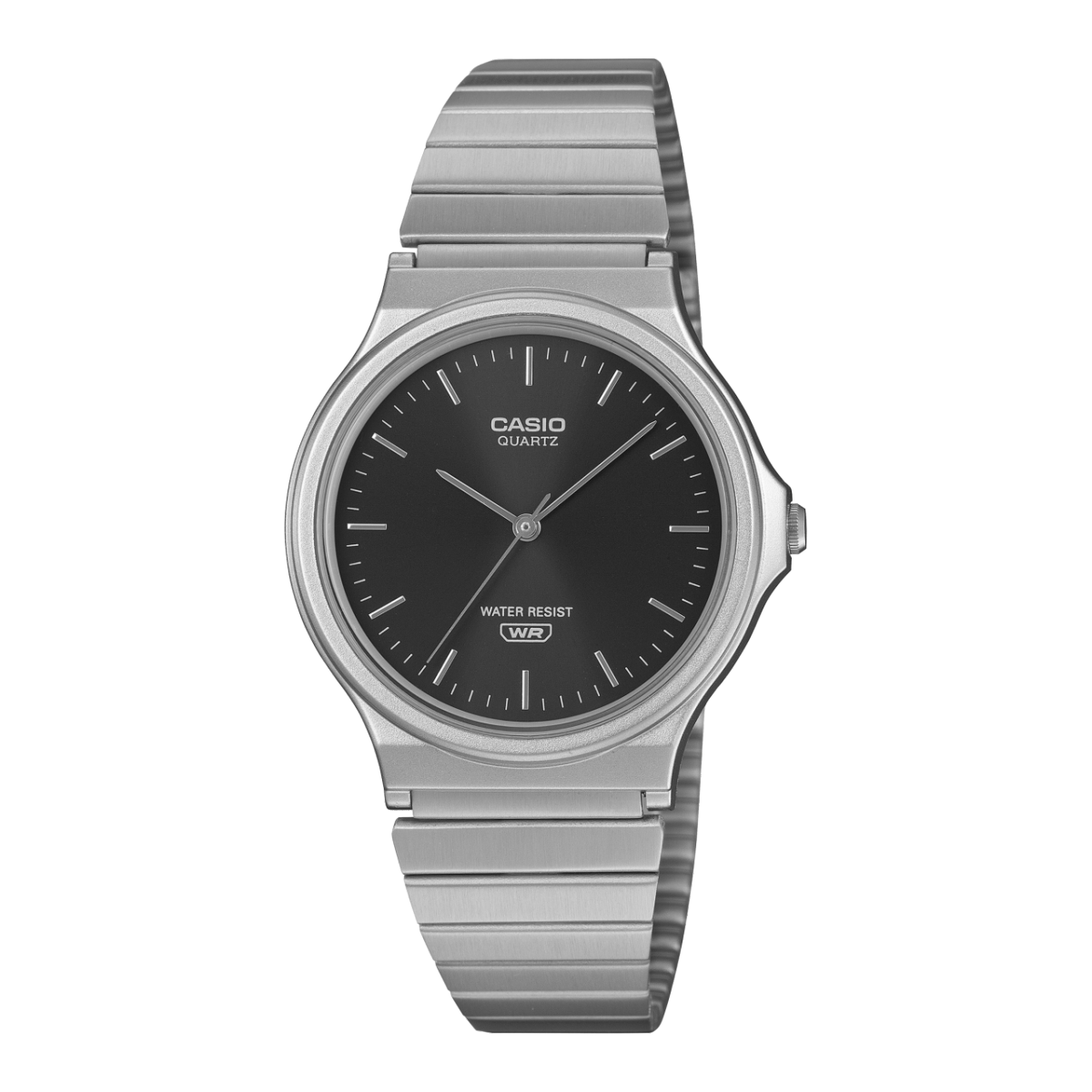 Casio Quarzuhr mit schwarzem Zifferblatt und silbernem Edelstahlband, runde Gehäuseform