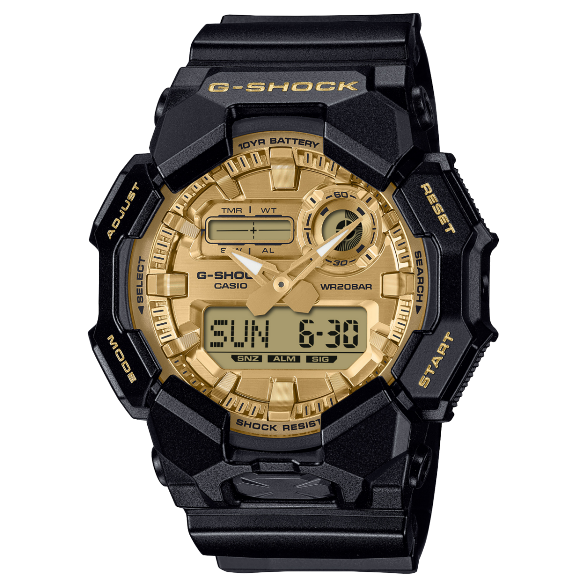 G-Shock Herrenuhr mit Ana-Digi-Anzeige, schwarzem Gehäuse und goldfarbener Lünette