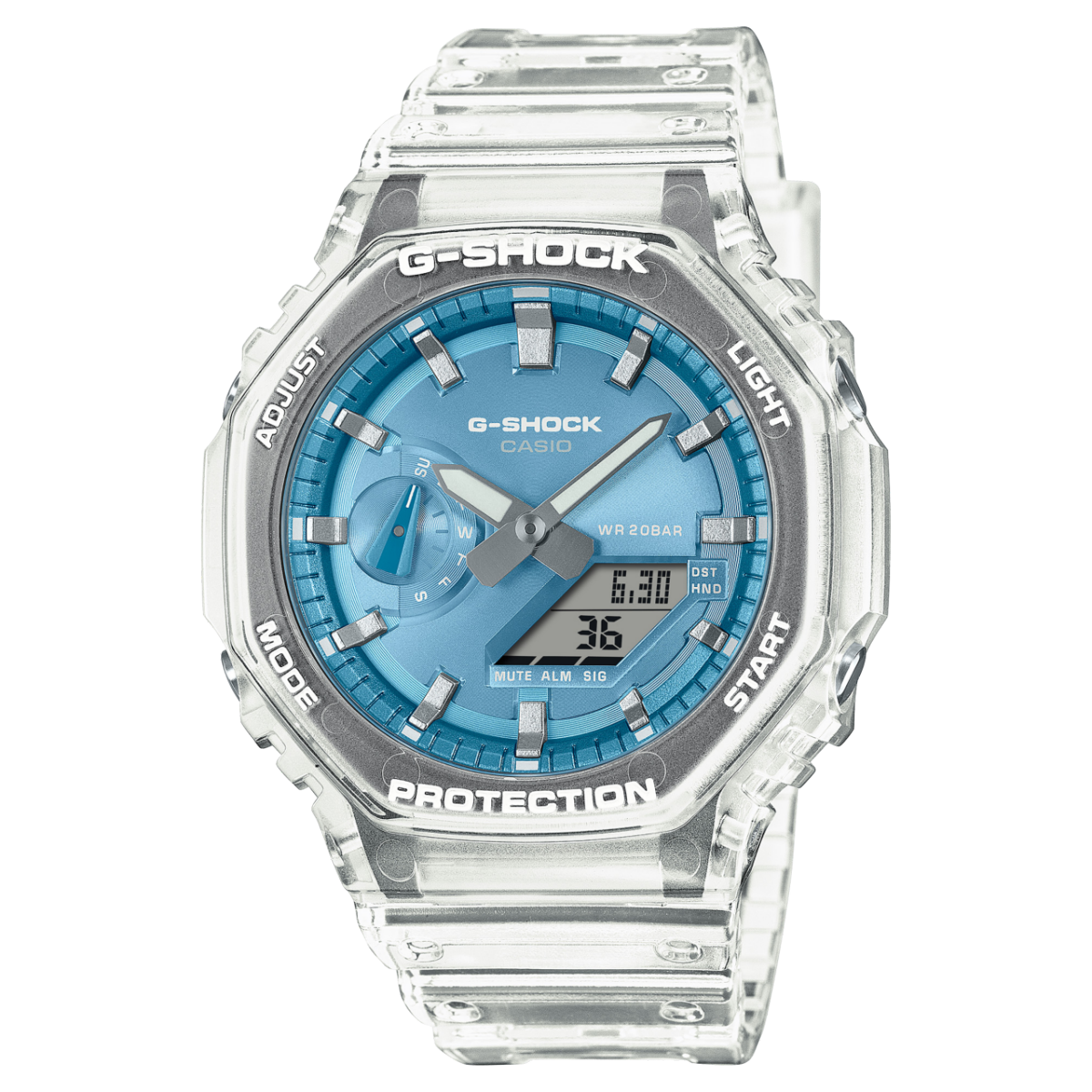Casio G-Shock Herrenuhr mit transparentem Resinarmband und blauem Zifferblatt