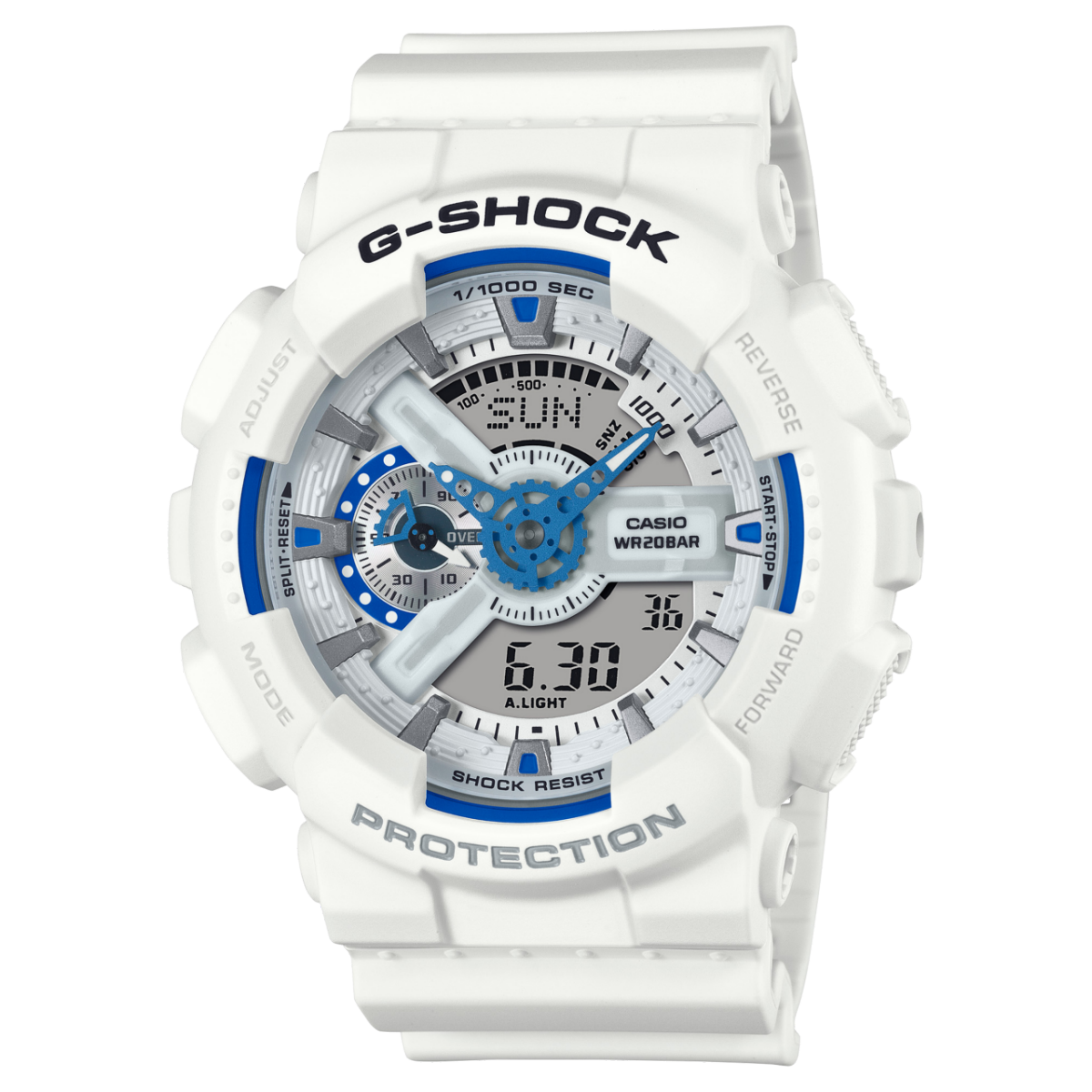 Casio G-Shock GA-110HDS-7AER Herrenuhr, weißes Gehäuse und Armband, blaues Display