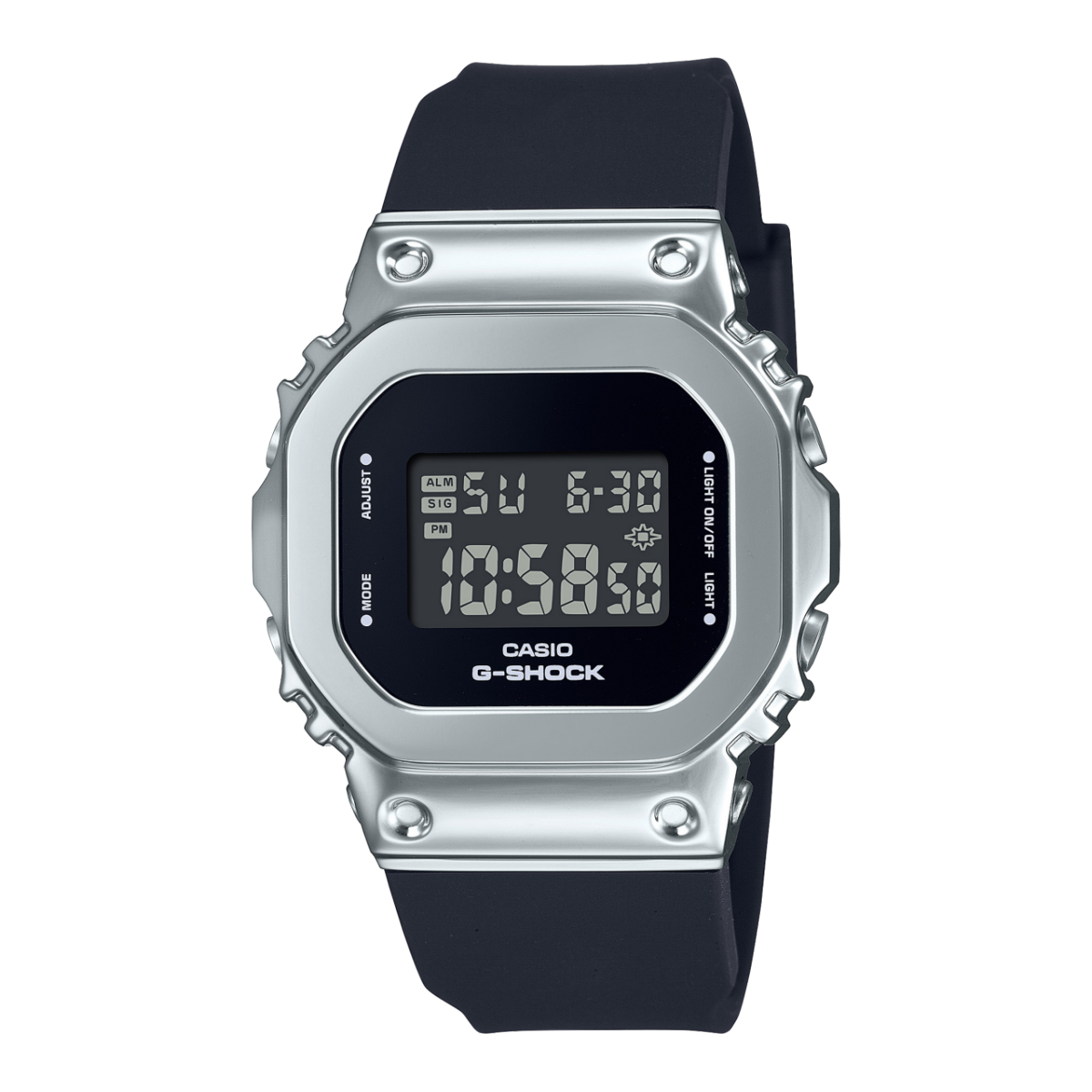 Damen Casio G-Shock Uhr mit schwarzem Armband und silbernem Gehäuse, digitales Display