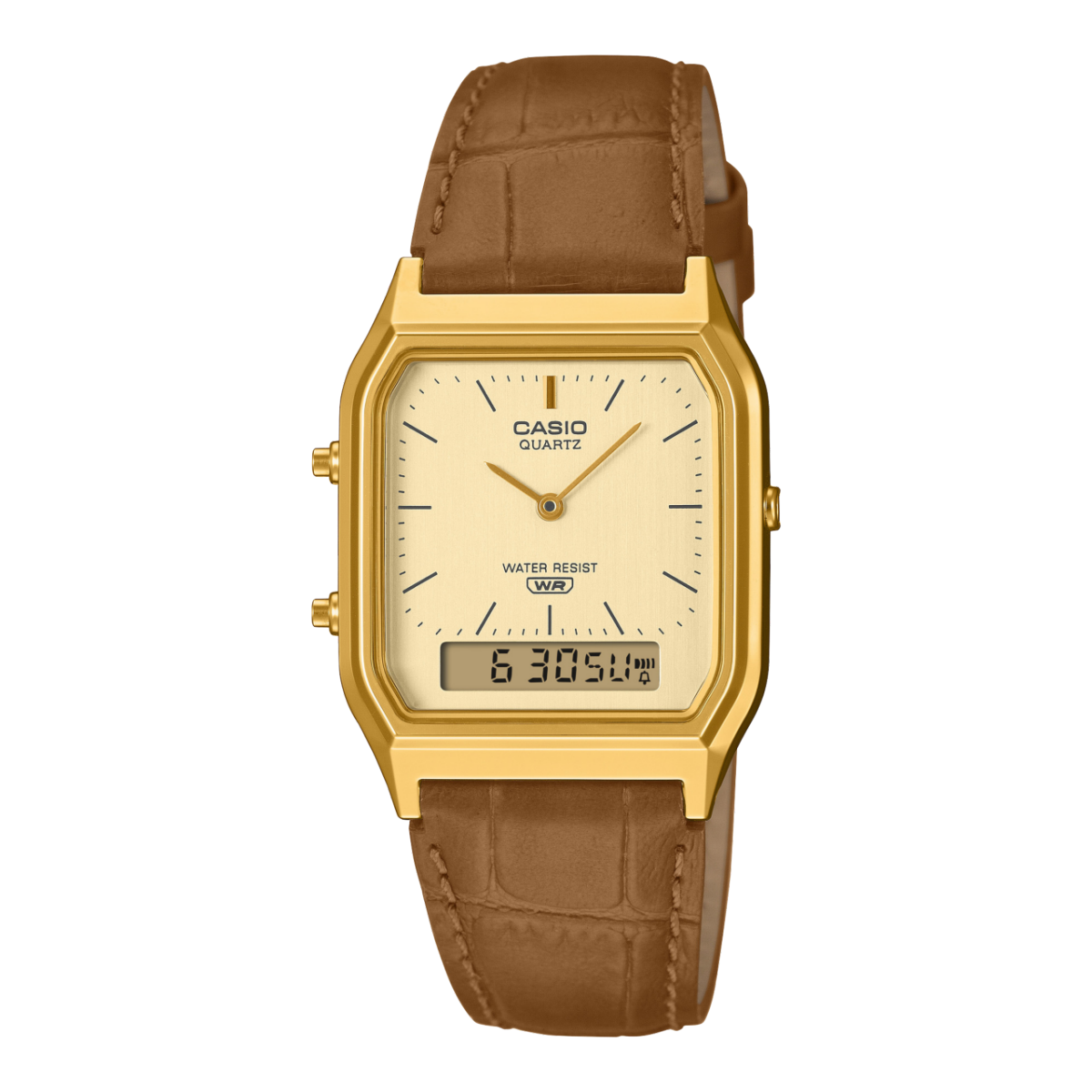 Goldene Armbanduhr, analog-digital, braunes Echtlederband, beiges Zifferblatt