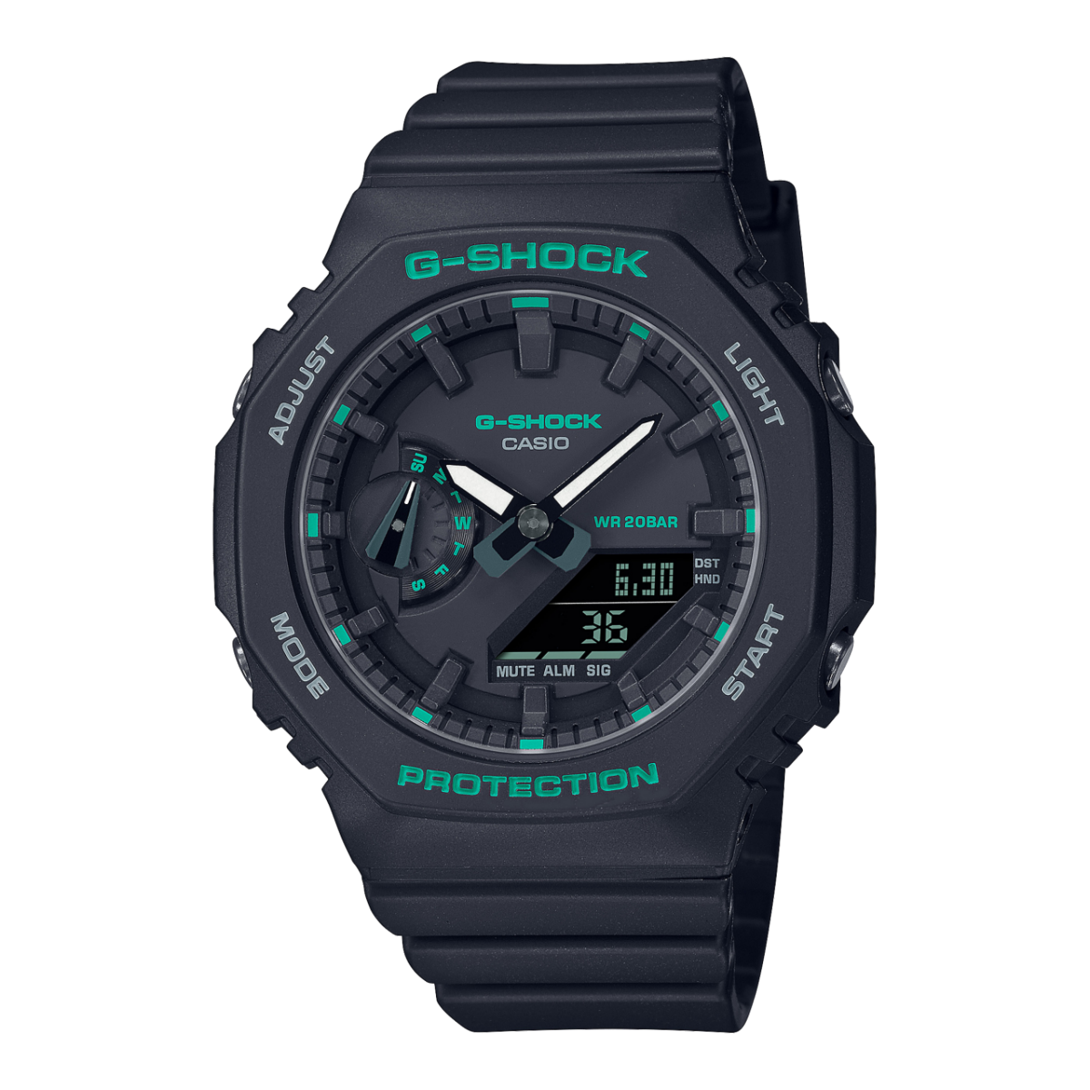 Casio G-Shock Armbanduhr mit schwarzem Zifferblatt und grünen Akzenten, schwarzes Resinarmband.