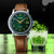 Montre automatique pour homme avec cadran vert, bracelet en cuir marron et lunette argentée