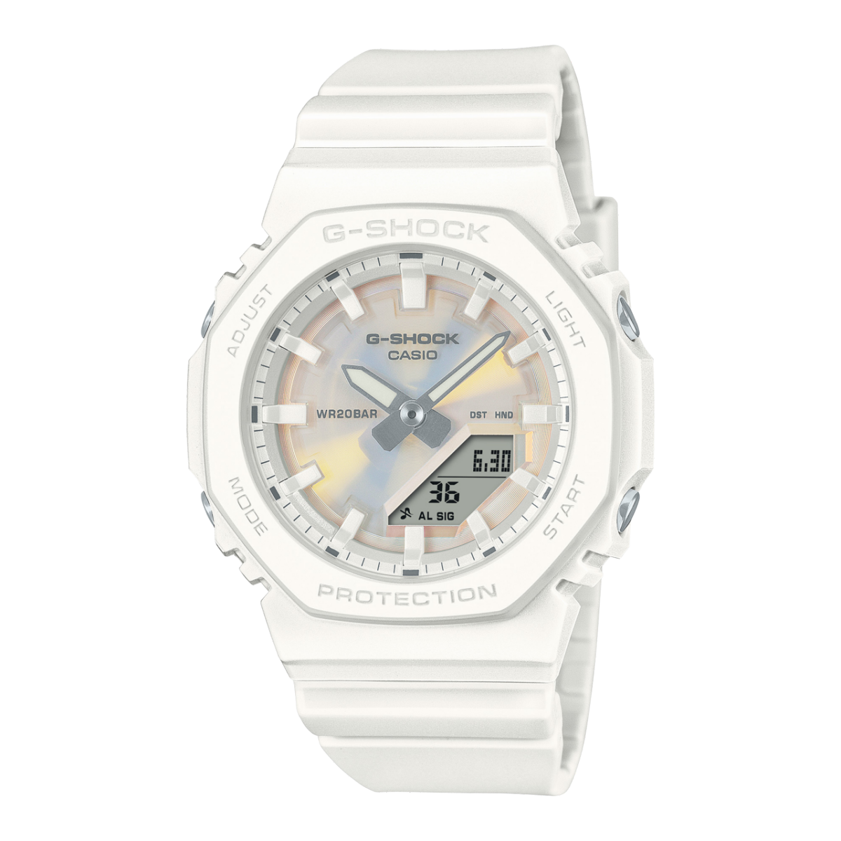 Casio G-Shock Damenuhr mit weißem Resinband und Ana-Digi Zifferblatt