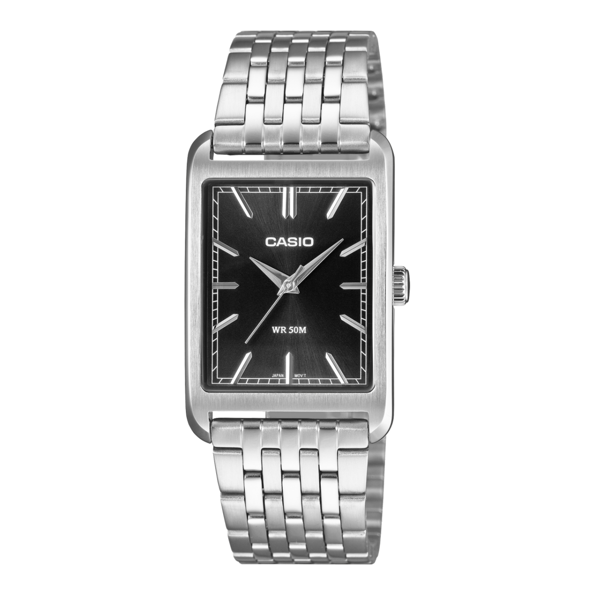 Casio Armbanduhr mit schwarzem, rechteckigem Zifferblatt und Edelstahlband