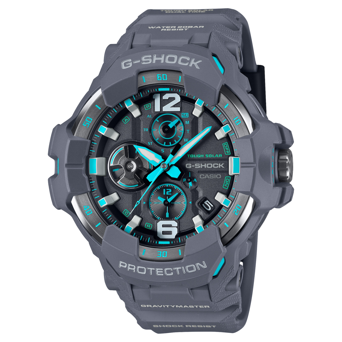Casio G-SHOCK Herrenuhr mit dunklem Gehäuse, blau-grünen Markierungen und 3 Zifferblättern