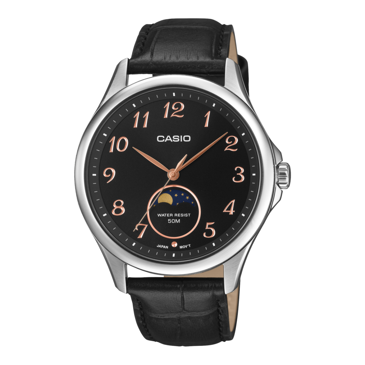 Casio Herrenuhr mit schwarzem Lederarmband, rundem Gehäuse und Mondphasen