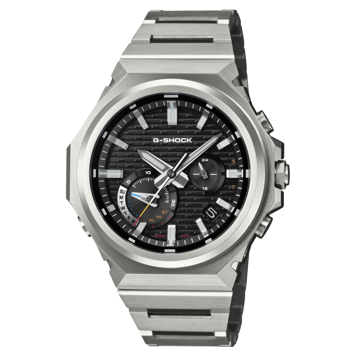 Casio G-Shock Herrenuhr mit schwarzem Ziffernblatt und silberfarbenem Metallarmband