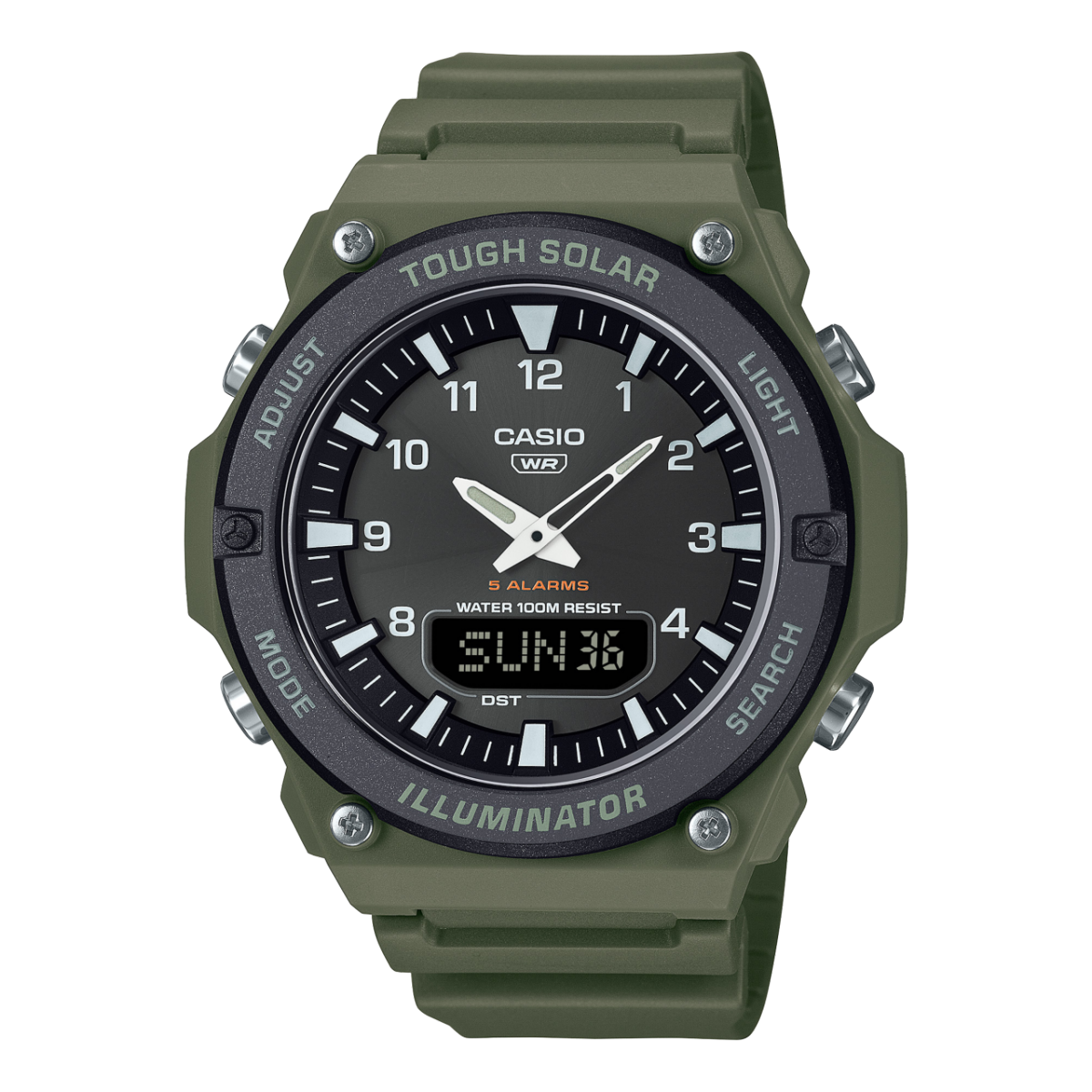 Casio Vintage Armbanduhr mit grünem Kautschukband und schwarzem Zifferblatt, Digitaldatum