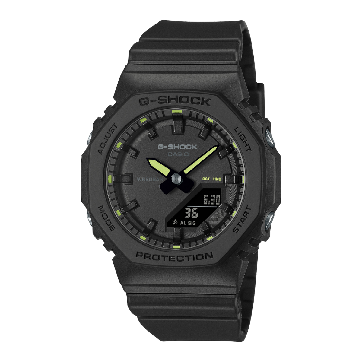 G-Shock-Armbanduhr für Damen, schwarzes Harzband, analoges Zifferblatt mit neonfarbenen Akzenten