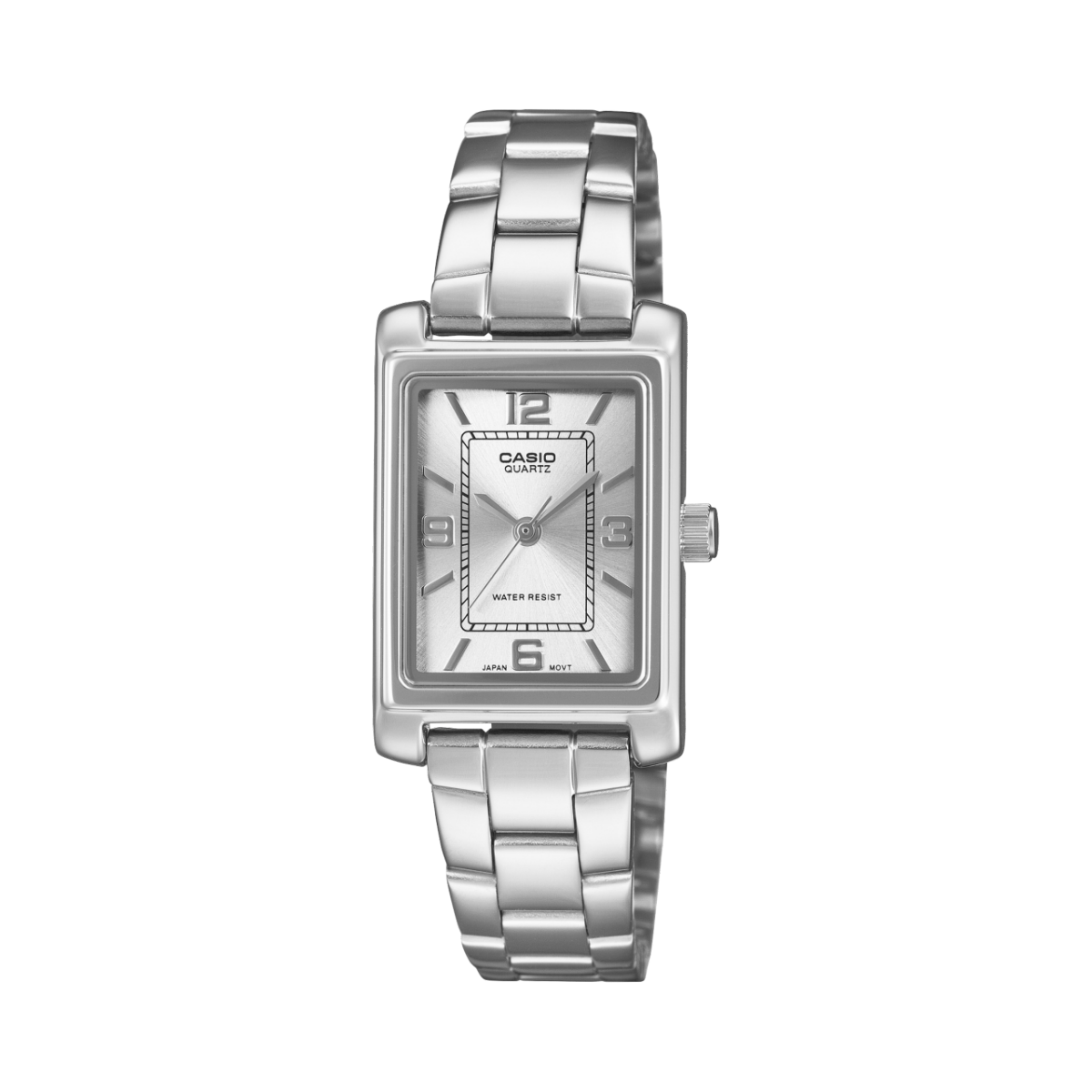 Casio-Damenuhr mit silberfarbenem Edelstahlband, eckigem Gehäuse und Krone rechts