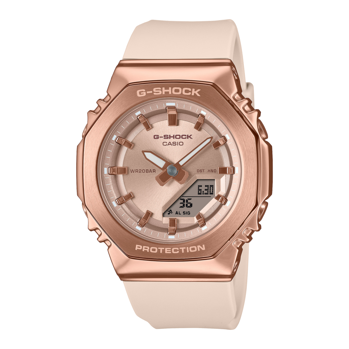 Casio G‑SHOCK Damenuhr mit roségoldenem Gehäuse, beigem Silikonarmband und Digitalanzeige