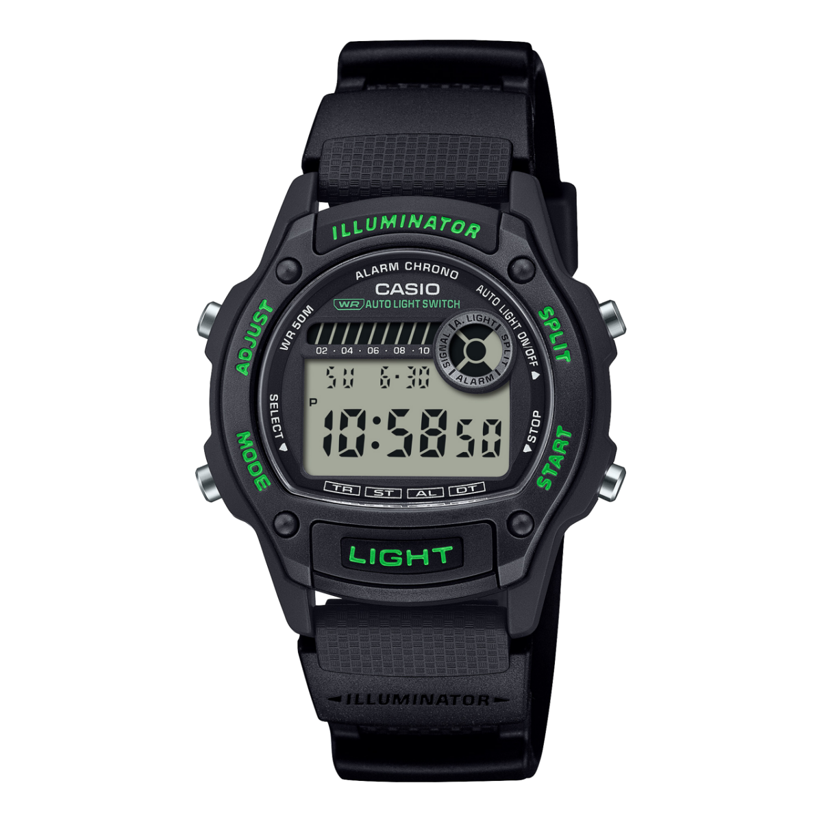 Herren-Armbanduhr mit digitalem Display, schwarzem Bio-Resinband und grüner Beleuchtung