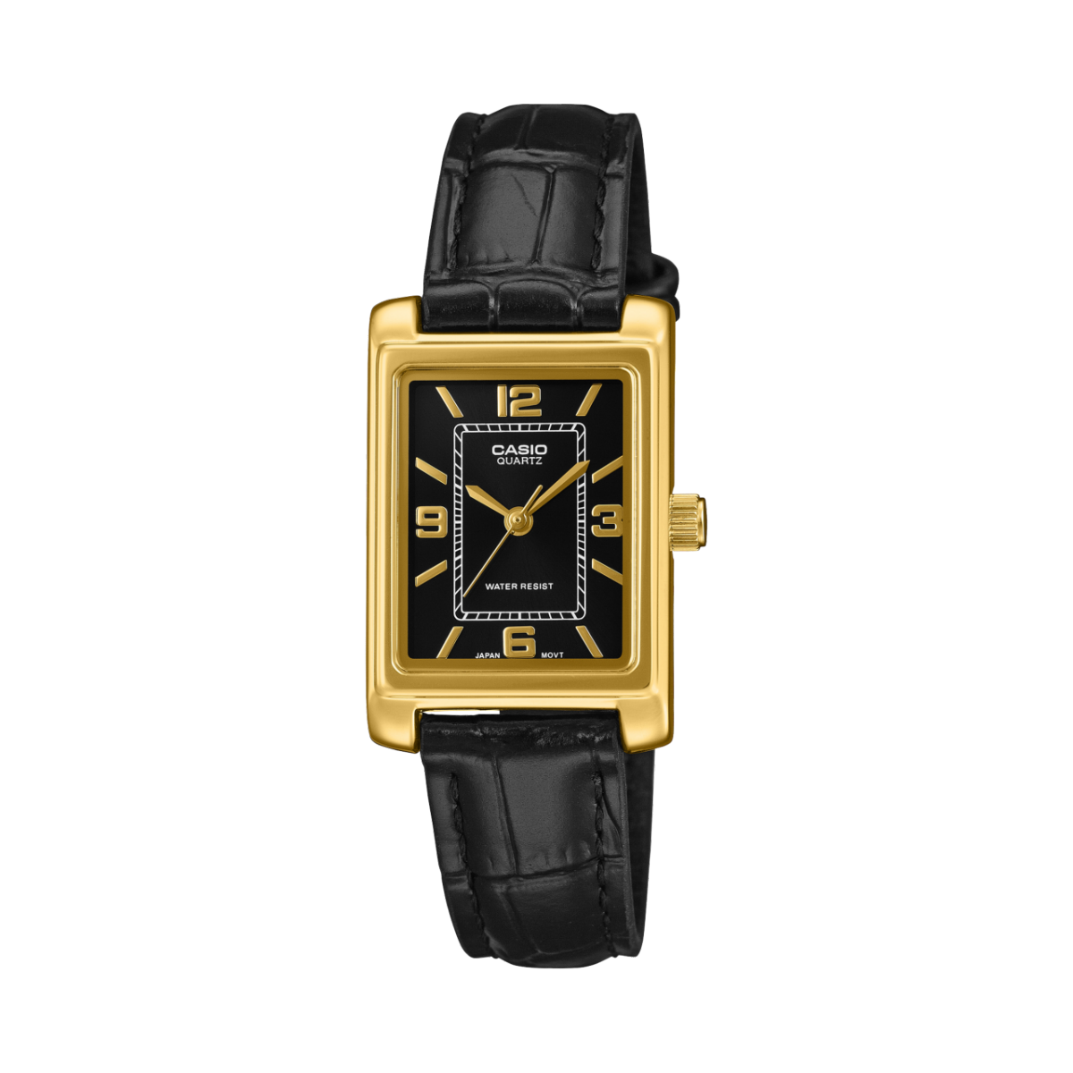 Casio Damenarmbanduhr: goldenes Tonneau-Gehäuse, schwarzes Zifferblatt, Lederband