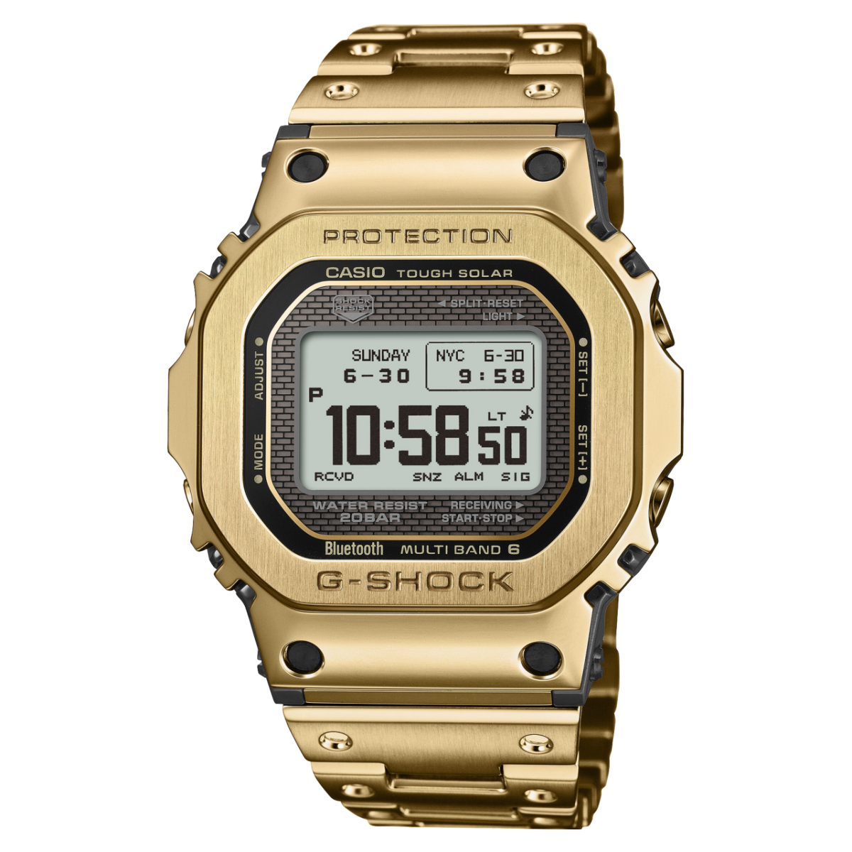 Casio G-Shock Herrenuhr in Gold mit Metallband und rundem Digitaldisplay, Frontansicht