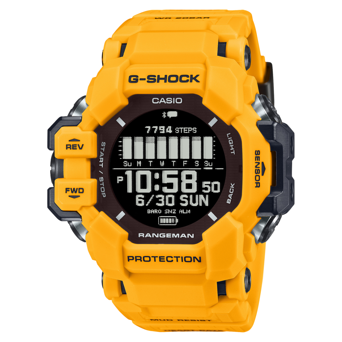 Casio G-SHOCK Herrenuhr mit gelbem Bio-Resin-Gehäuse und schwarzem Display (10:58).