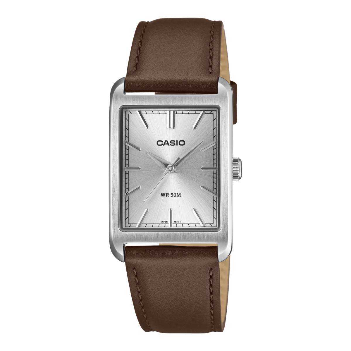 Casio Herrenuhr mit quadratischem Zifferblatt, braunem Lederarmband und Mineralglas