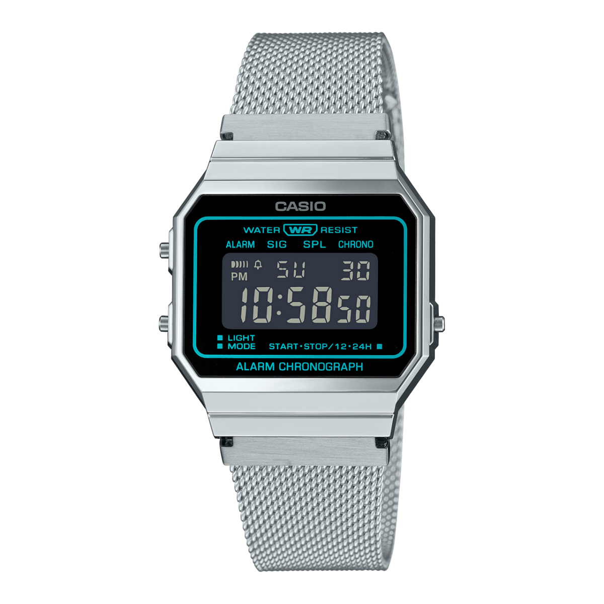 Casio Vintage A700WEMS-1BEF Digitaluhr mit Metall-Ziffernblatt und Mesh-Edelstahlarmband