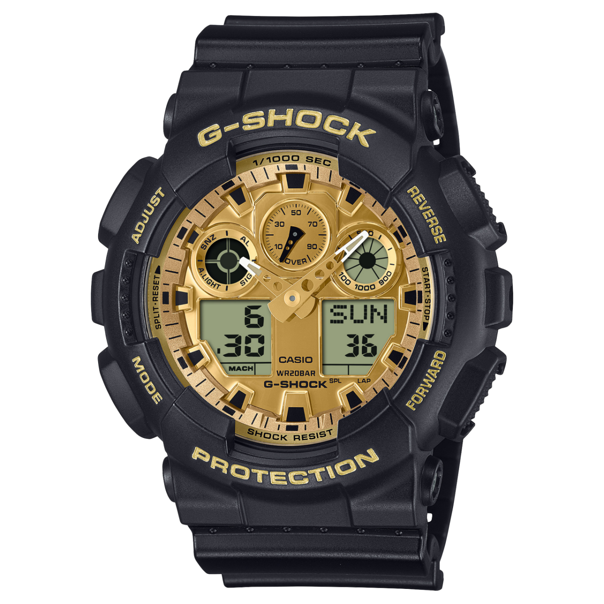 Casio G-Shock GA-100 Herrenuhr mit dunklem Kunststoffband und goldfarbenem Zifferblatt
