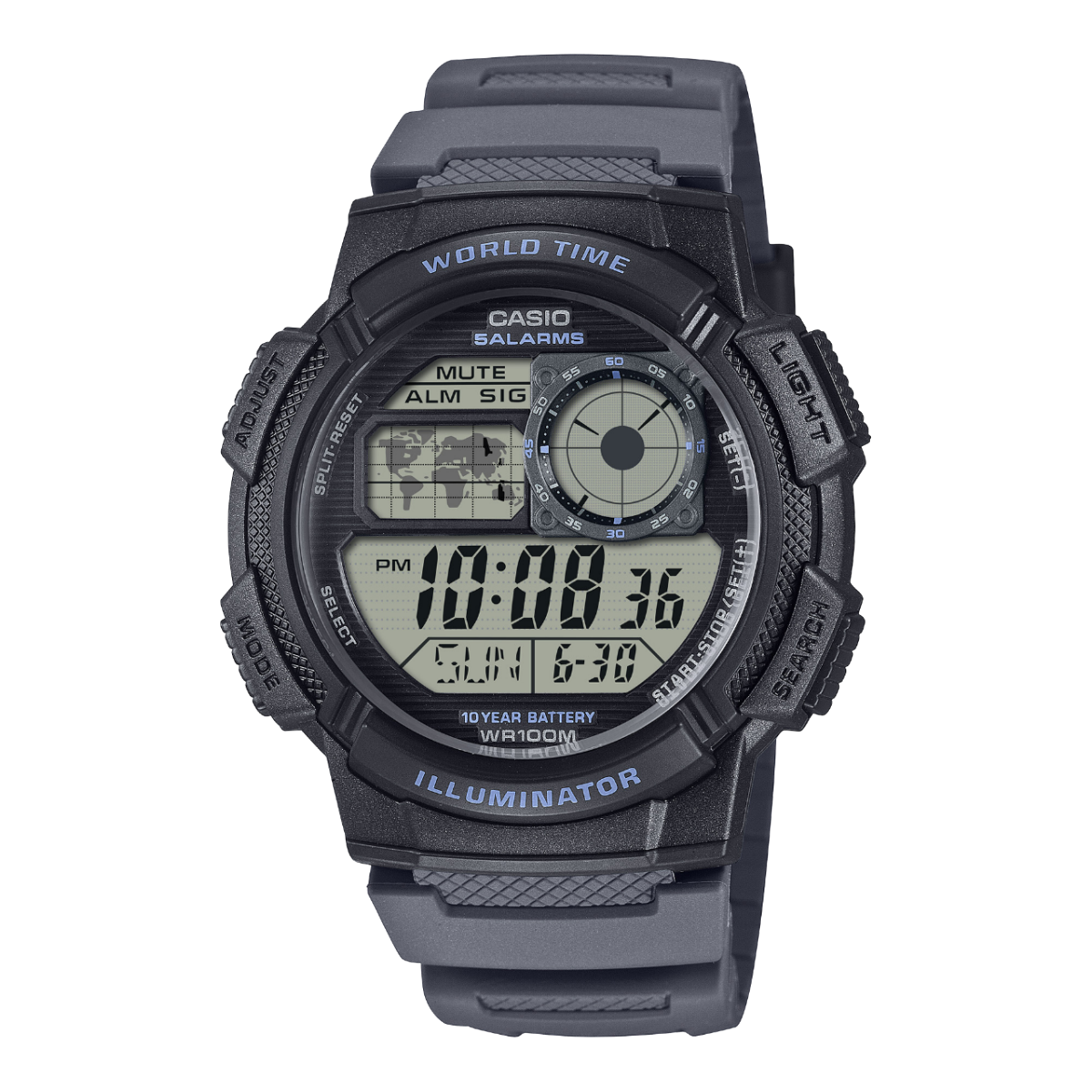 Casio Vintage Armbanduhr mit dunklem Kunststoffarmband, Digitaldisplay und Weltzeit