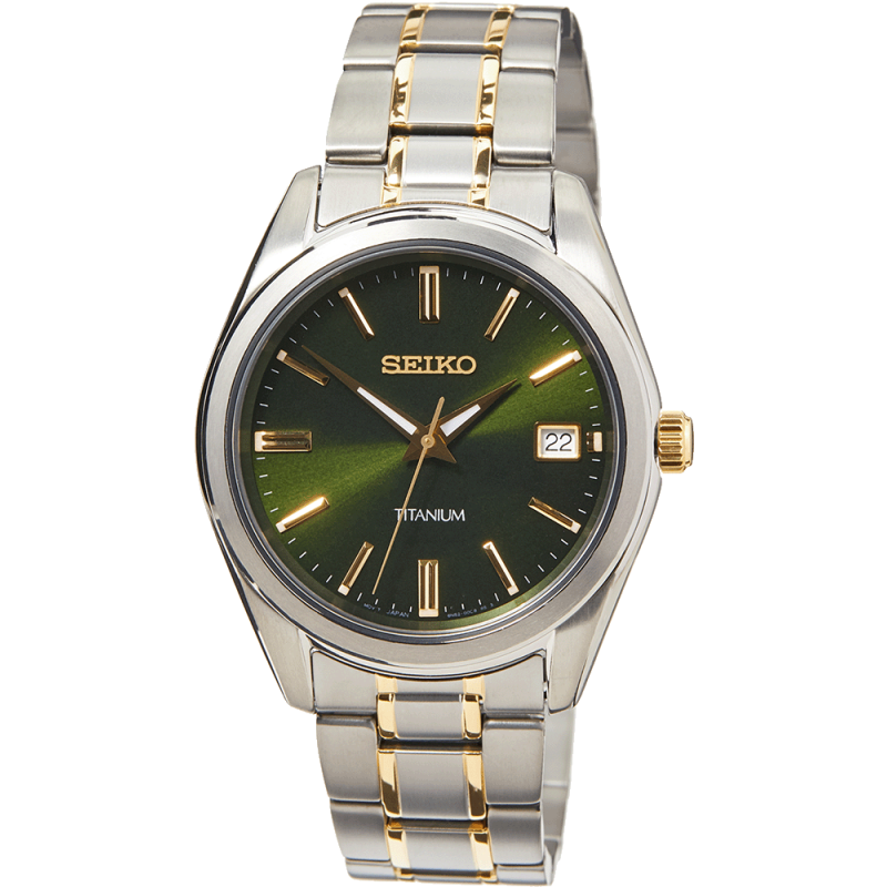 Montre homme en titane avec cadran vert, bracelet bicolore en métal et verre saphir