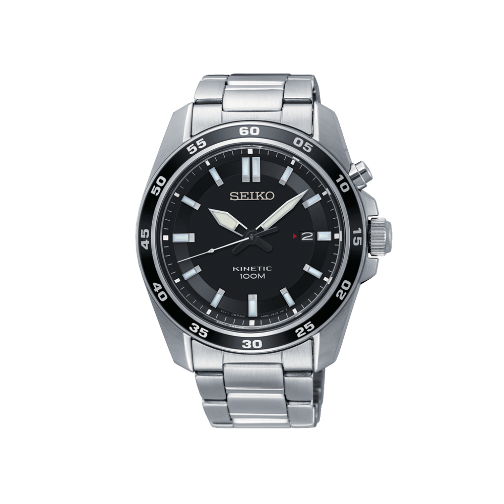 Bracelet de montre pour homme avec cadran noir et bracelet en acier inoxydable argenté, avec guichet date