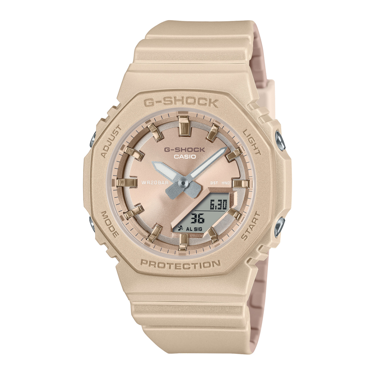 G-Shock Damen-Armbanduhr mit sandfarbenem Resinband und Ana-Digi Anzeige