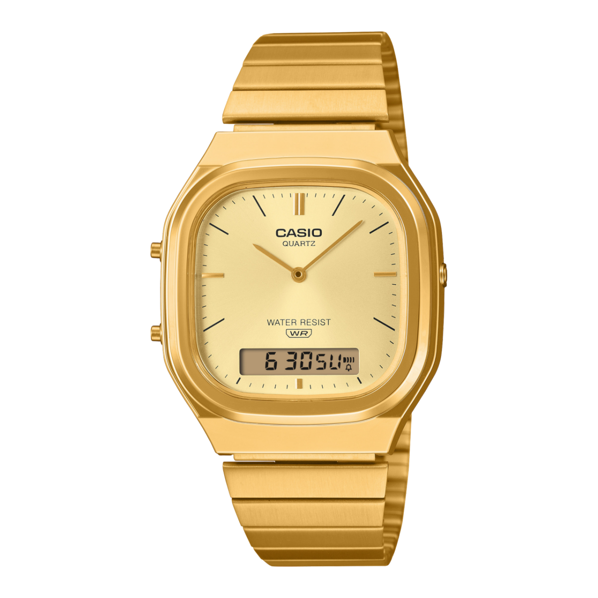 Goldene Casio Vintage Armbanduhr mit analogem Zifferblatt und Digitalanzeige