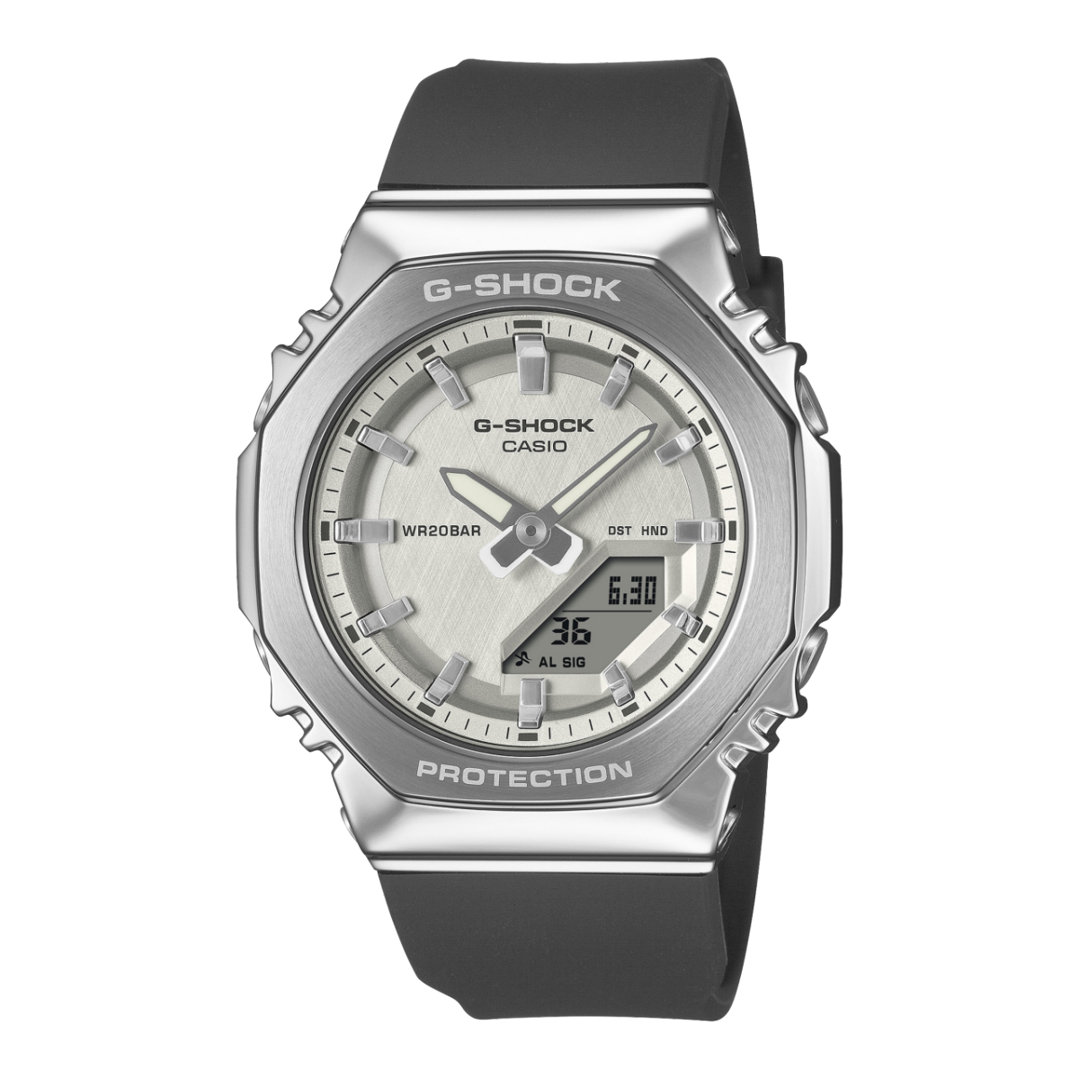 Casio G-Shock Damenarmbanduhr mit silberner Metalllünette und dunklem Harzarmband.