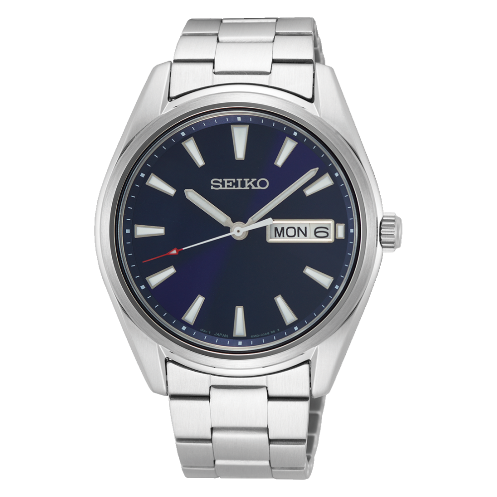 Montre pour homme avec cadran bleu, bracelet en acier inoxydable argenté et affichage jour-date