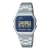 Casio Vintage Armbanduhr mit blauem LCD-Display und Edelstahlarmband, silbernes Gehäuse