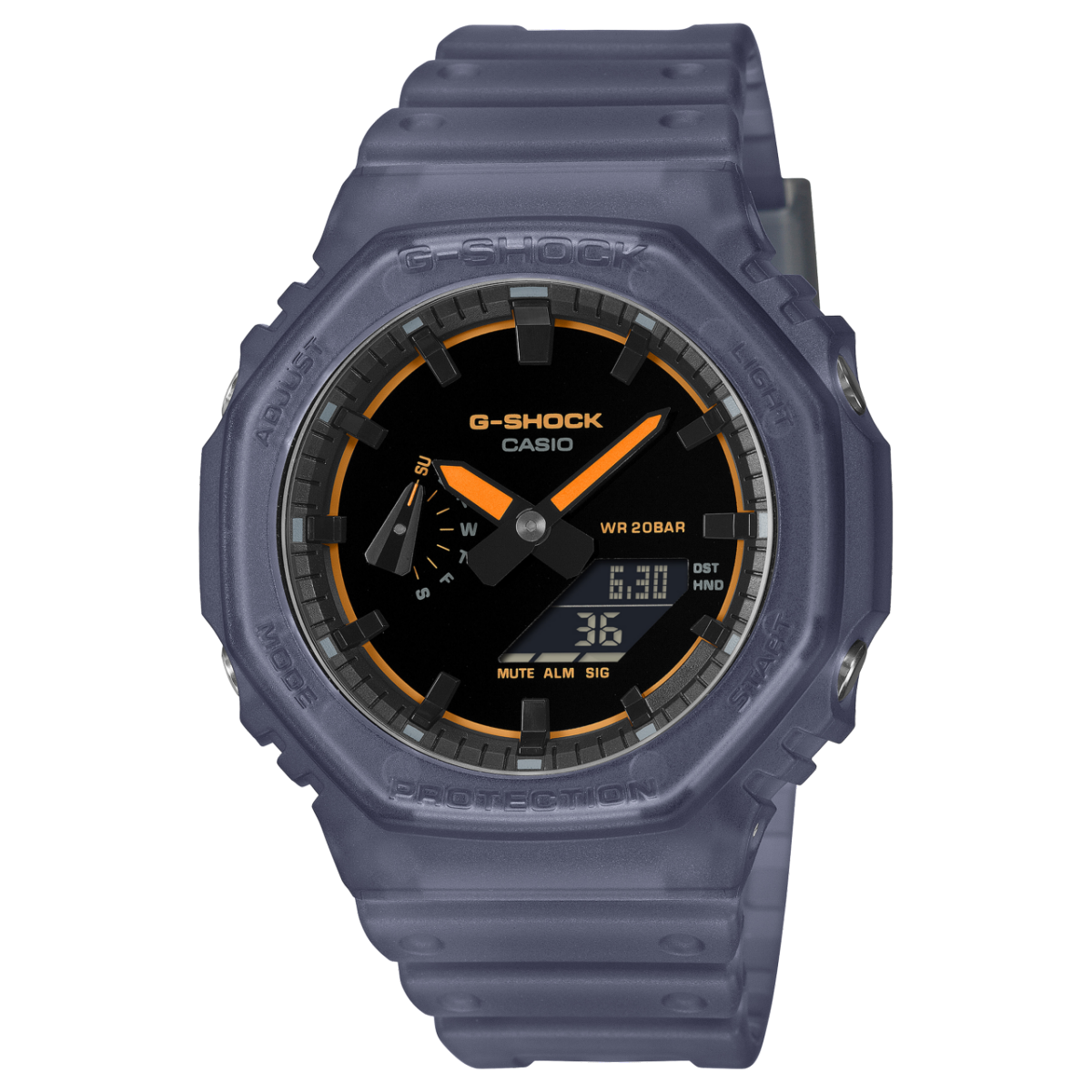 G-Shock Herrenuhr mit blauem Armband, rundem schwarzem Zifferblatt und orangefarbenen Akzenten