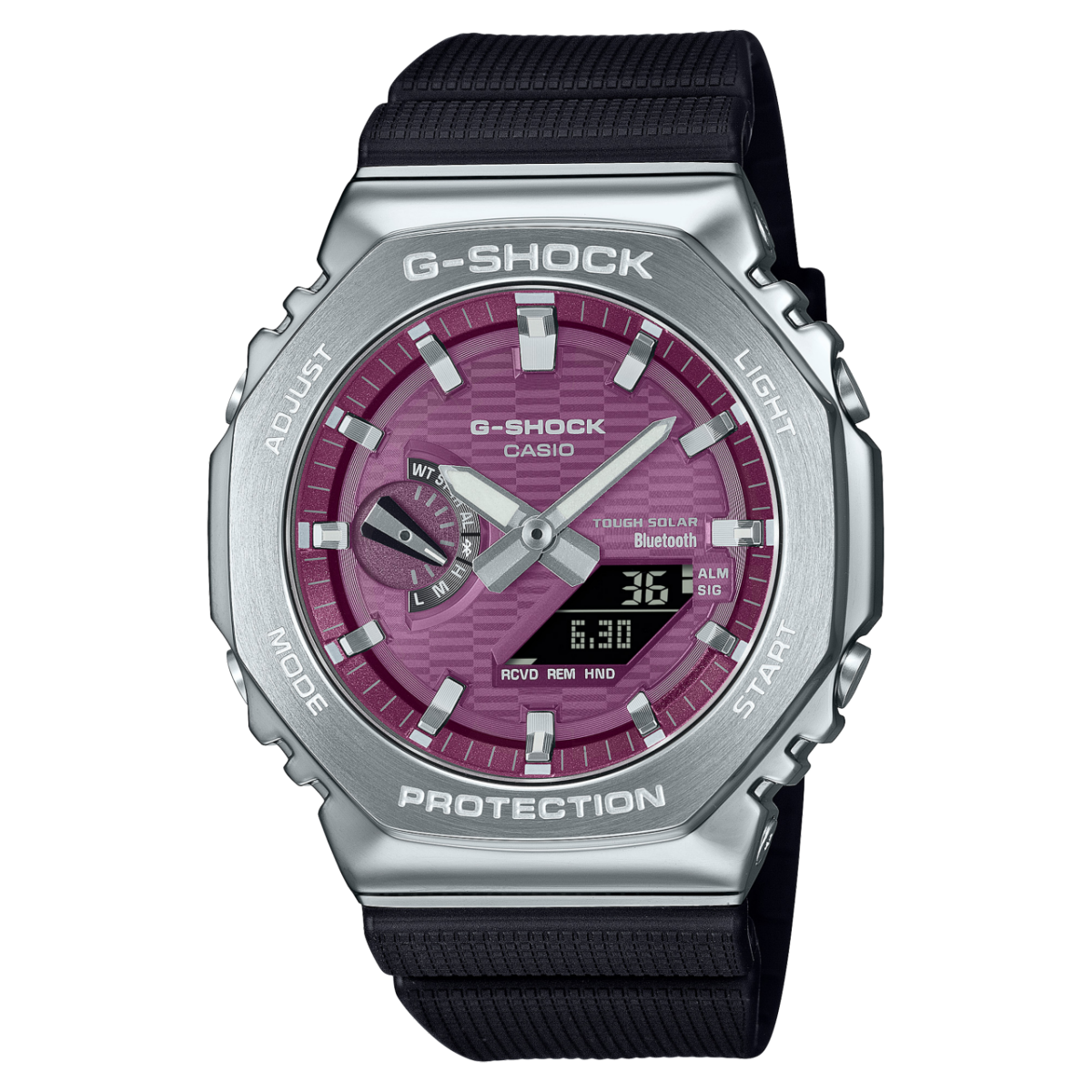 Casio G-Shock Herrenuhr mit violettem Zifferblatt und schwarzem Harzarmband, silbernem Gehäuse