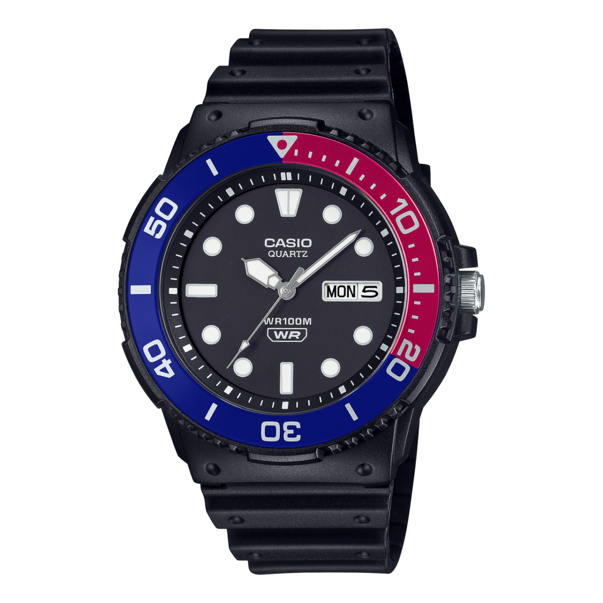 Casio Herren-Armbanduhr: schwarzes Band, dunkles Zifferblatt, blau-rote Lünette