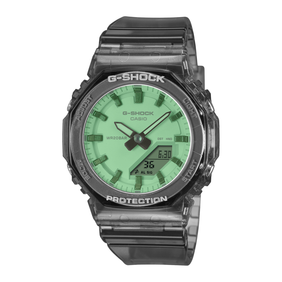 Casio G-Shock Damenarmbanduhr mit transparentem Armband und grünem Ana-Digi Zifferblatt