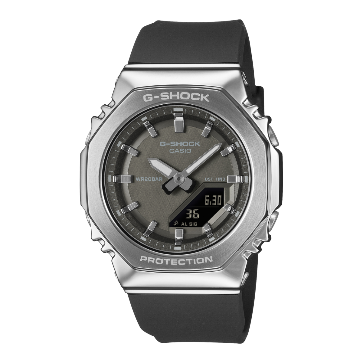 Damen-G-Shock-Armbanduhr mit silberner Metalllünette, grauem Zifferblatt und schwarzem Harzband